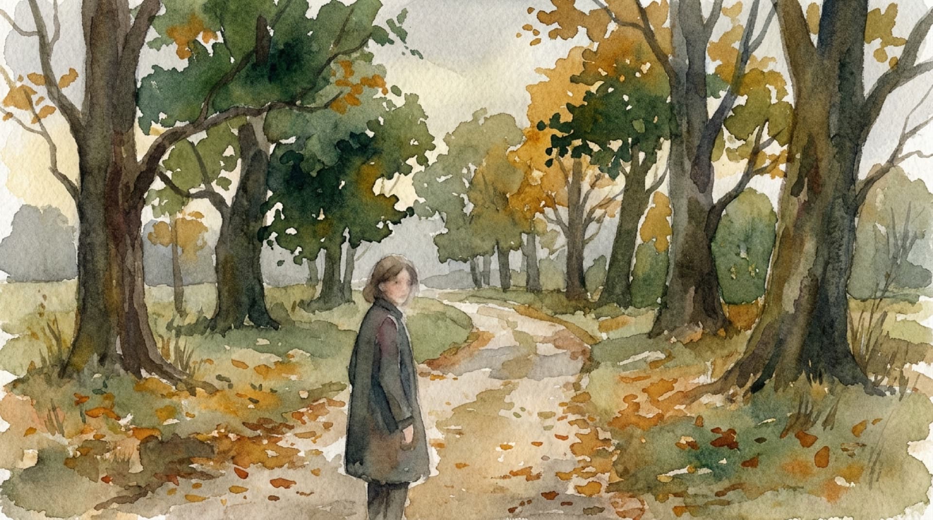Watercolor of a walker on an autumn path, paused and looking back the way they came