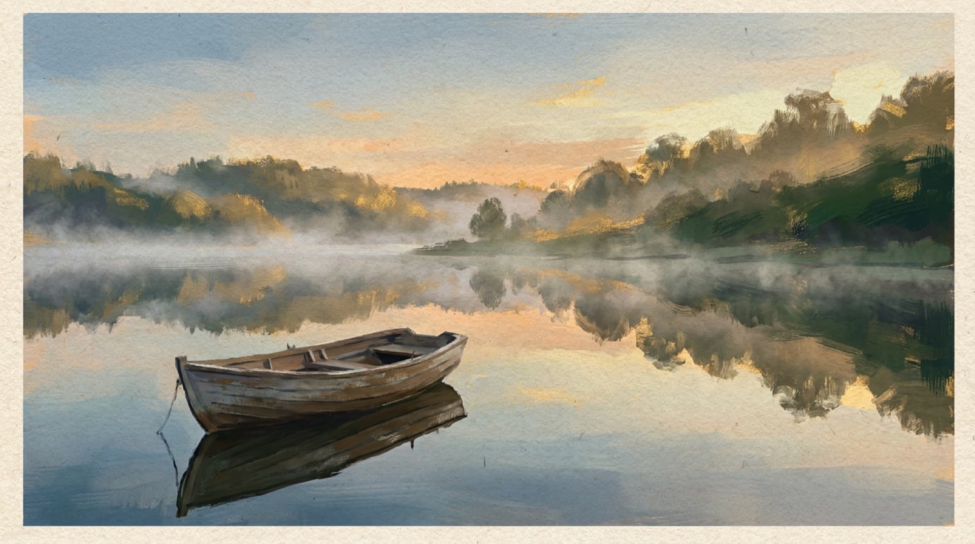 Gouache of a rowboat on a mirror-calm lake at dawn, the far shore reflected in the water