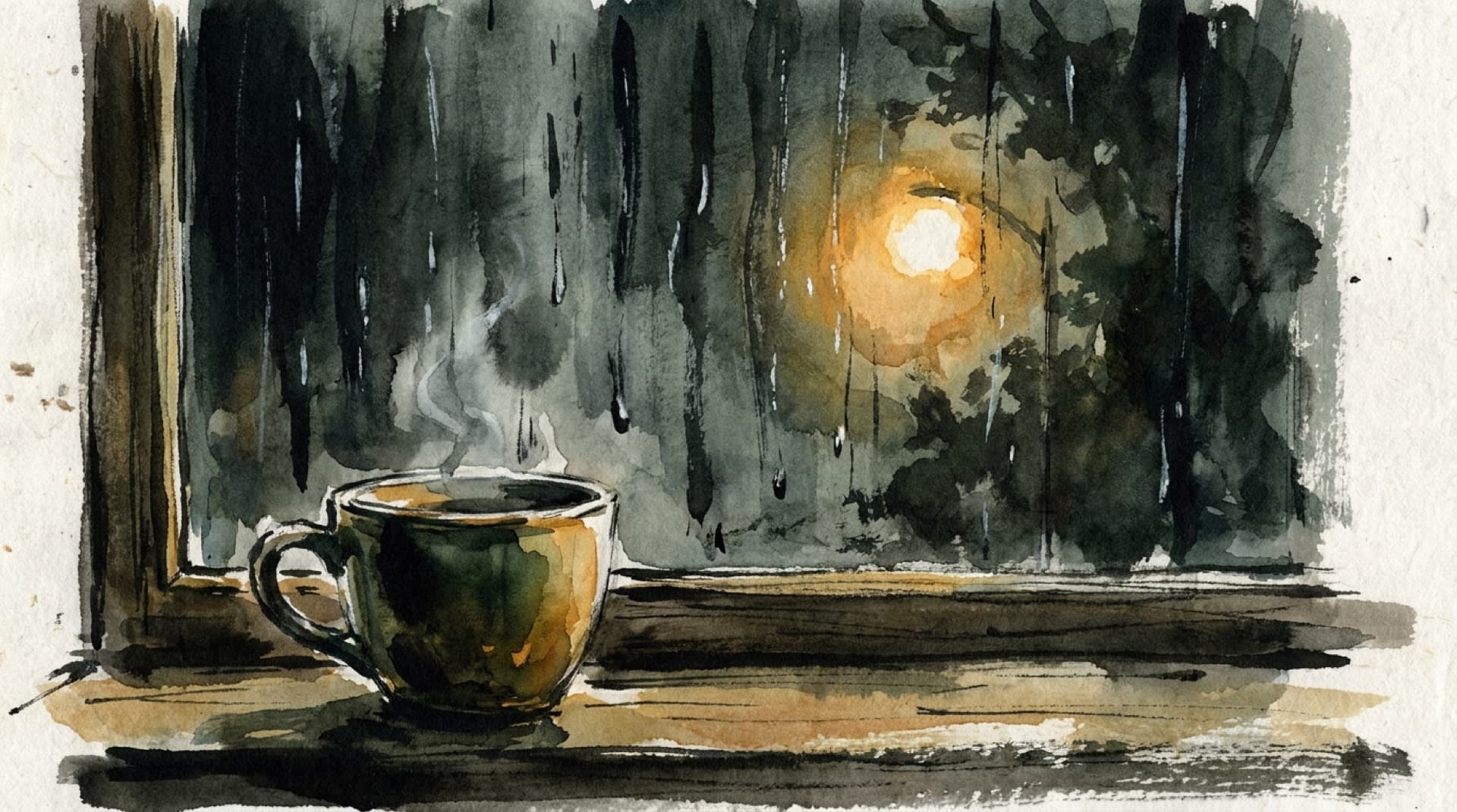 Ink and wash of rain on a night window, tea steaming on the sill, a gold streetlight blurred beyond