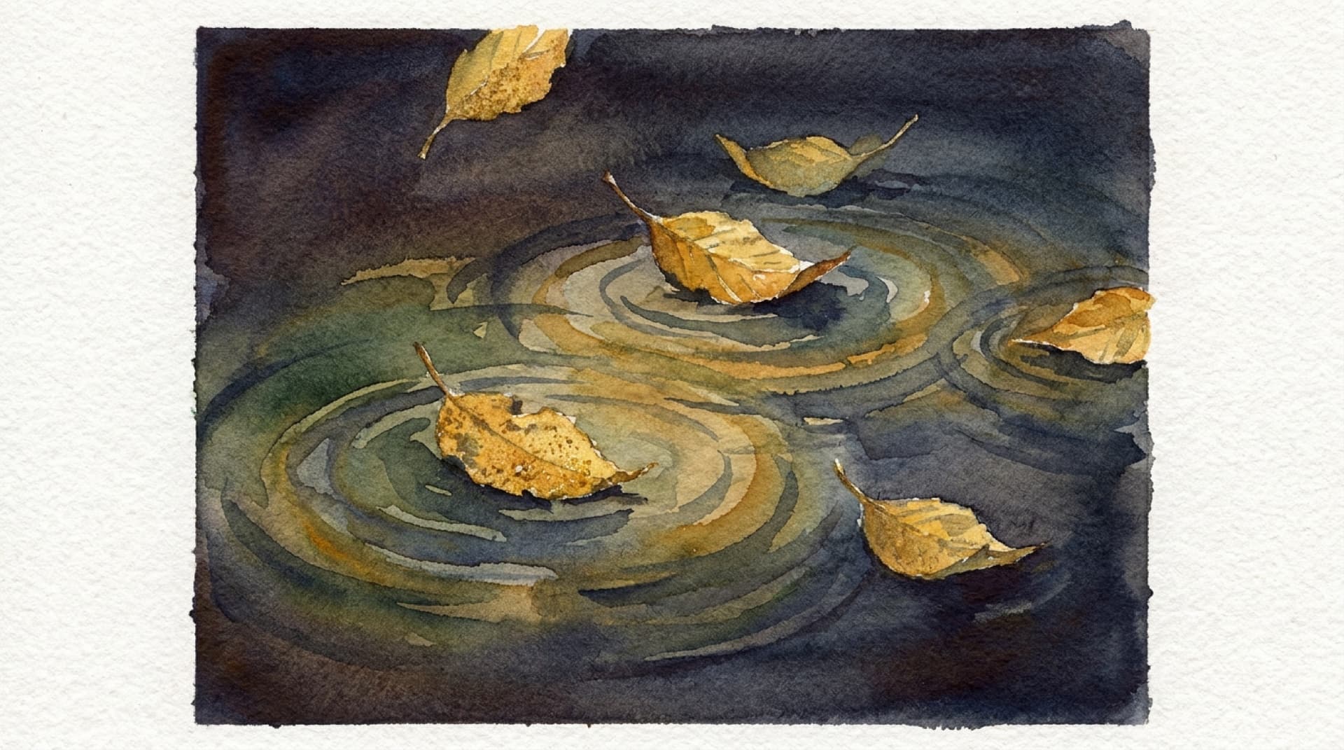 Watercolor of golden leaves drifting down onto still dark water