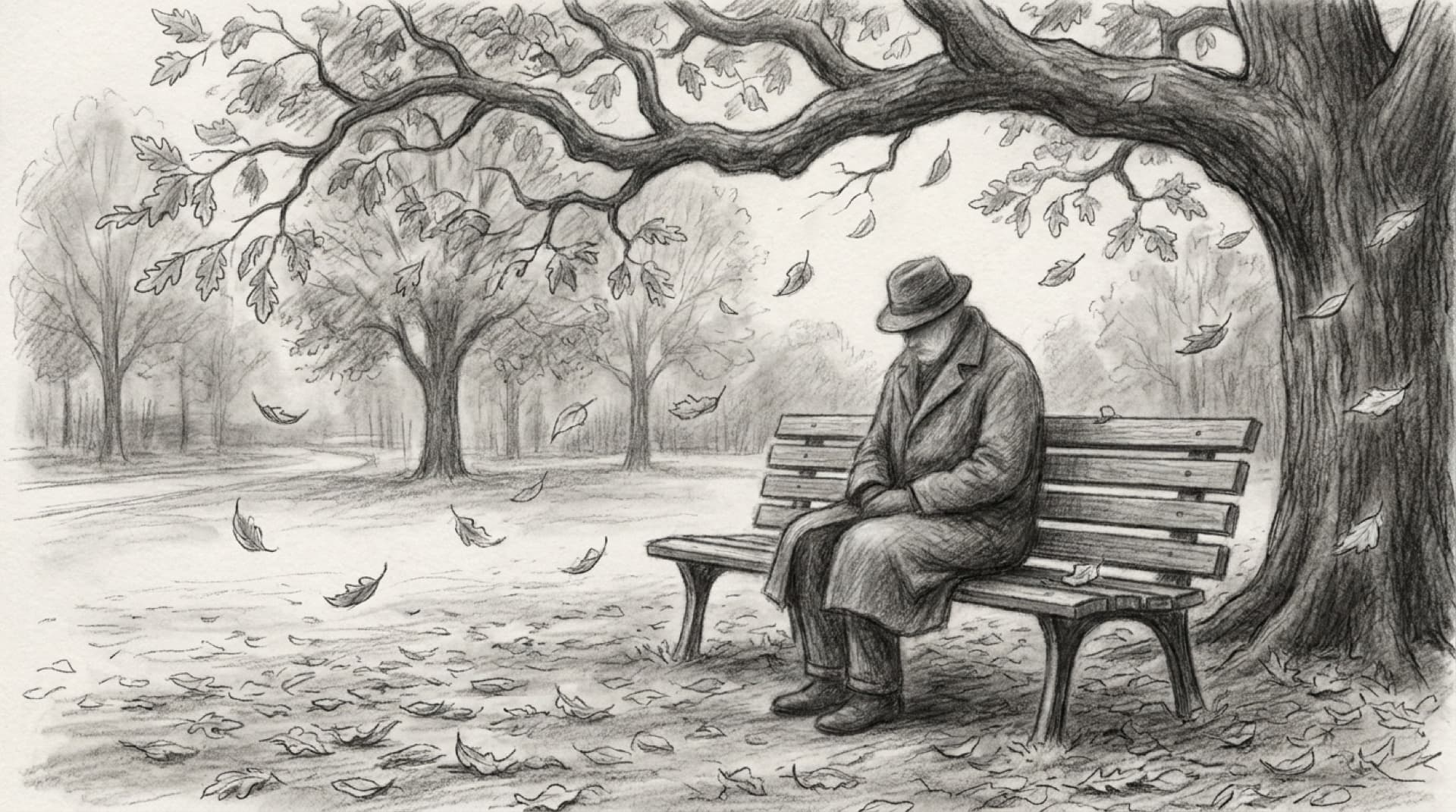Graphite drawing of a figure in thought on a park bench beneath a great oak, leaves falling