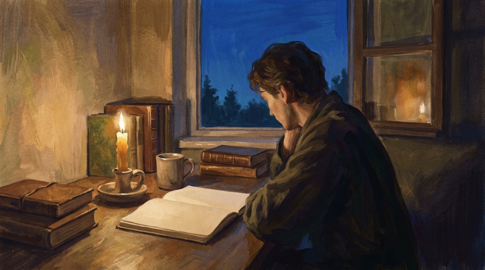 Gouache of a reader at a candlelit desk, an open notebook against a deep blue dusk window