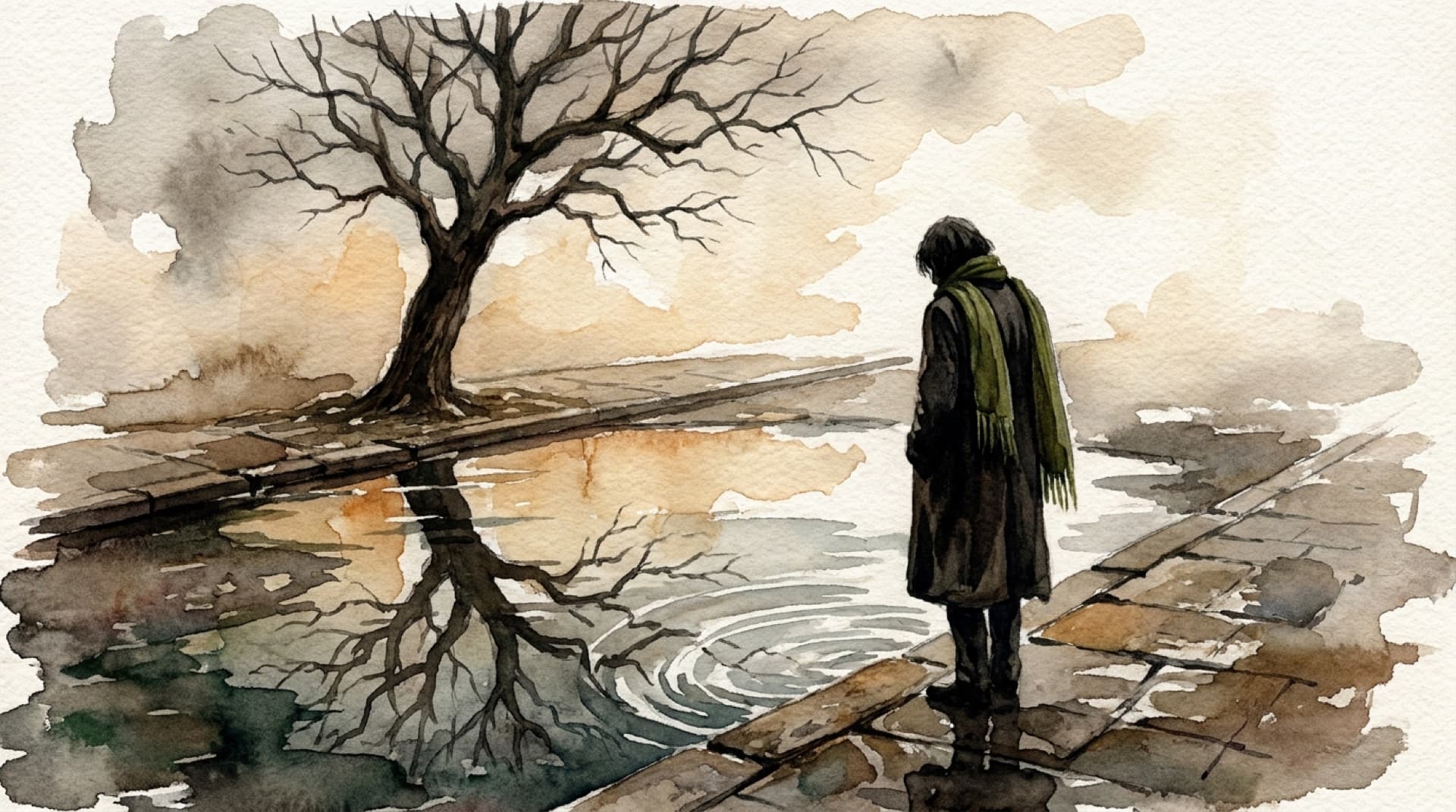 Watercolor of a bare tree reflected in a puddle, a passerby in a green scarf pausing at its edge