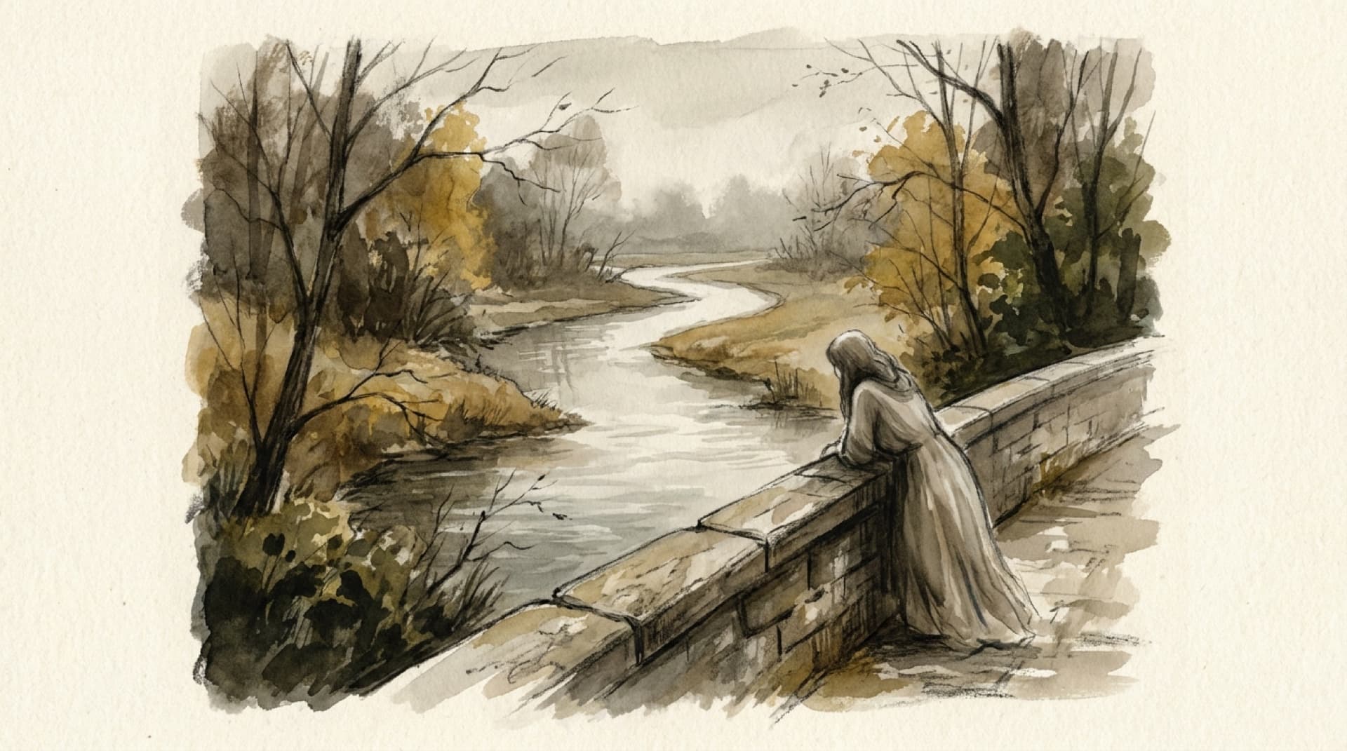 Ink and wash of a figure on a stone bridge, leaning on the parapet to look upstream