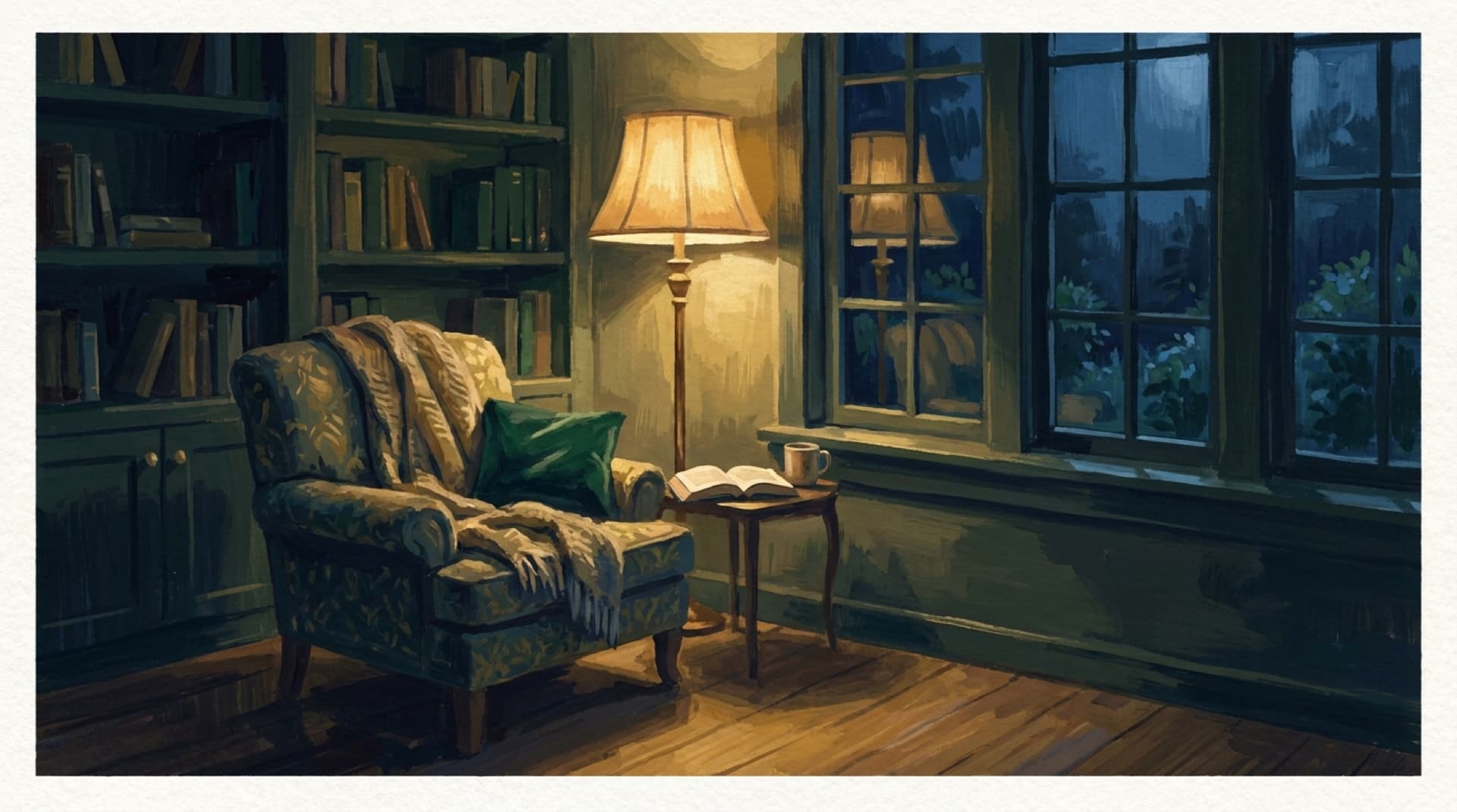 Gouache of a lamplit reading nook, an open book waiting on the side table