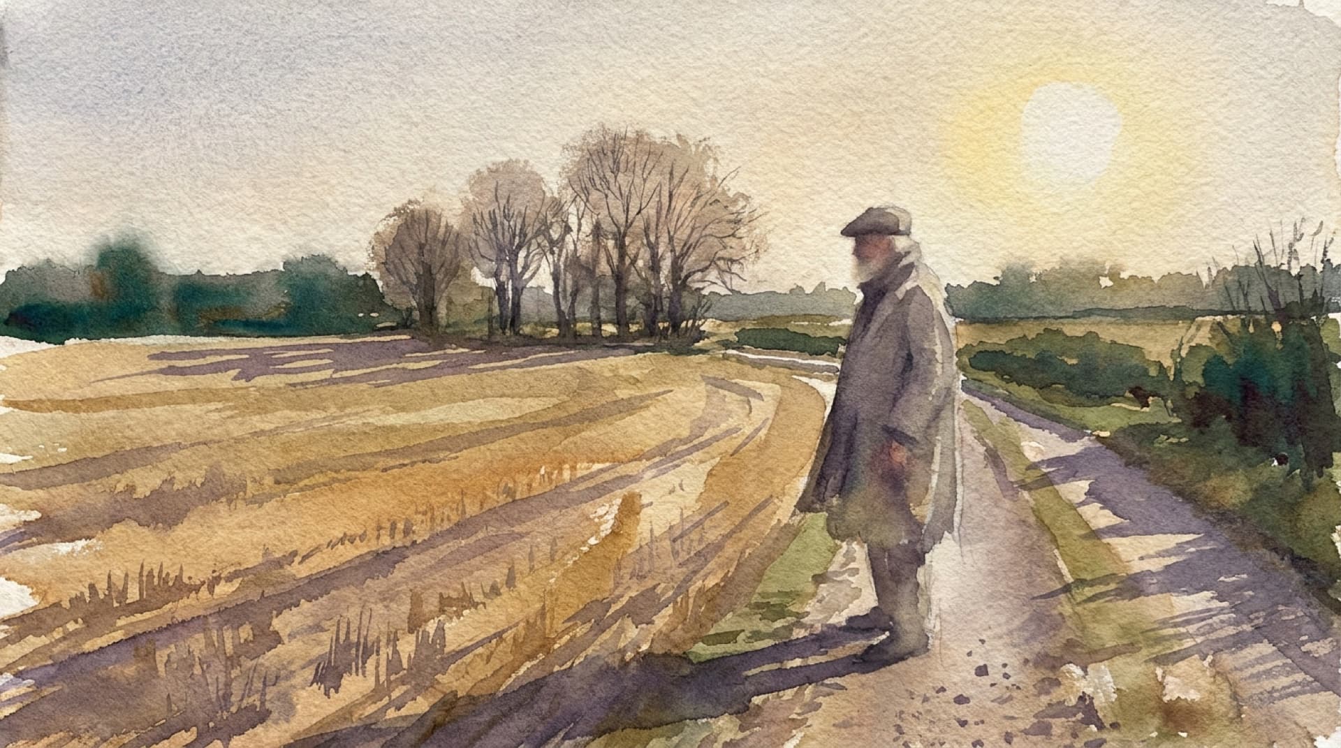 Watercolor of long shadows across a harvested field, a walker pausing to look back