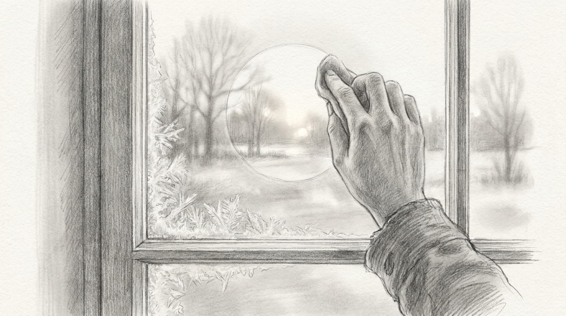 Graphite drawing of a hand clearing a circle in a frosted window to see the morning