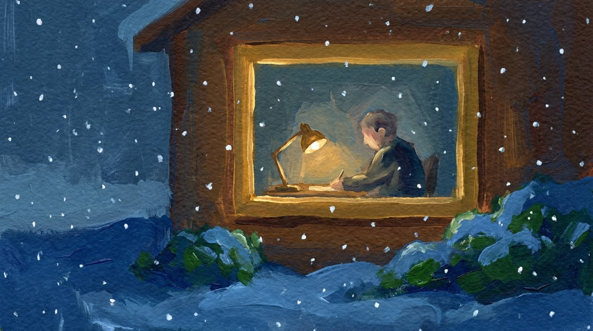 Gouache of snow falling past a lit window at dusk, a gold lamp glowing inside