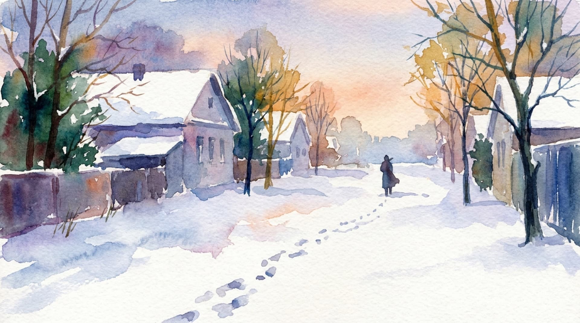 Watercolor of a winter dawn street, footprints in the snow, a distant walker glancing back