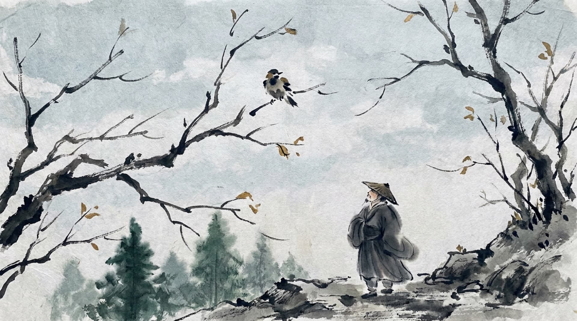 Ink and wash of bare winter branches and a single bird, a bundled figure looking up