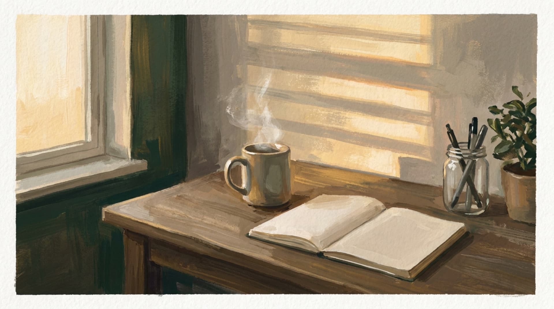 Gouache of a morning desk, steam rising from a mug, winter sun striping the wall