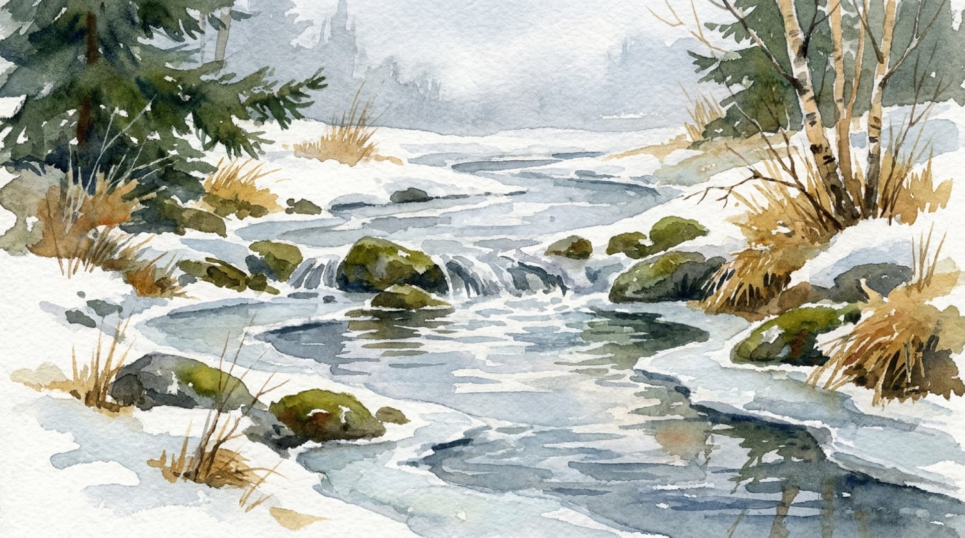 Watercolor of a snowmelt stream between stones, pale sky reflected in the water