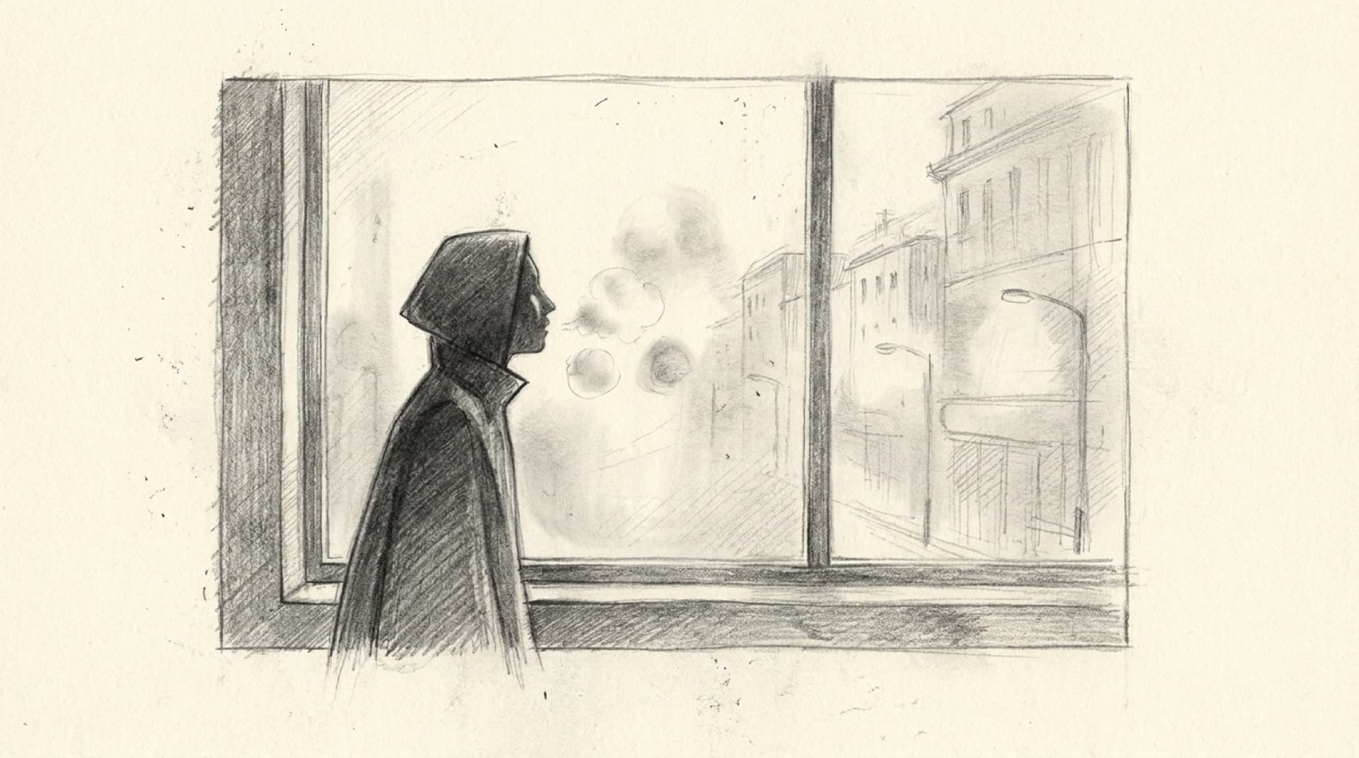 Graphite drawing of a figure at a frosted window, a soft city beyond the glass