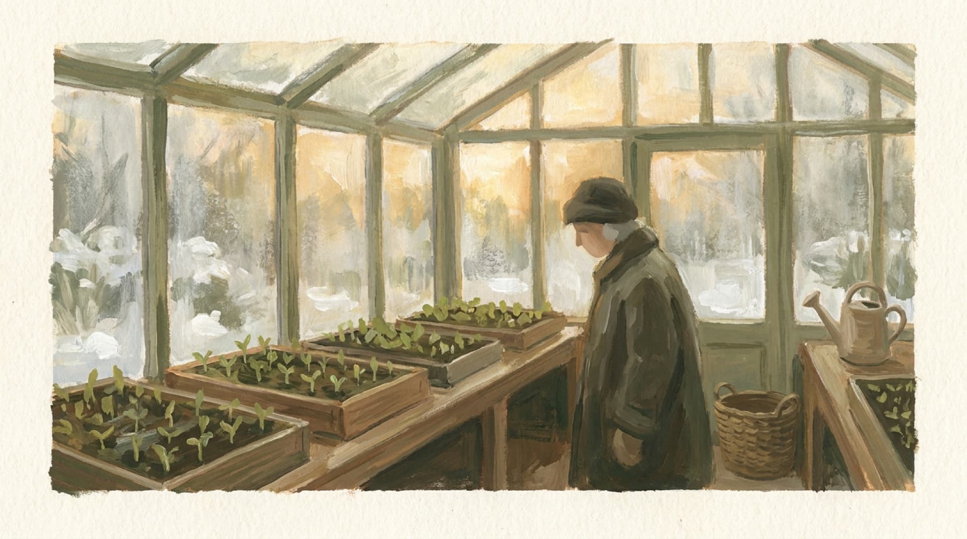 Gouache of a winter greenhouse, first green seedlings under warm misted light