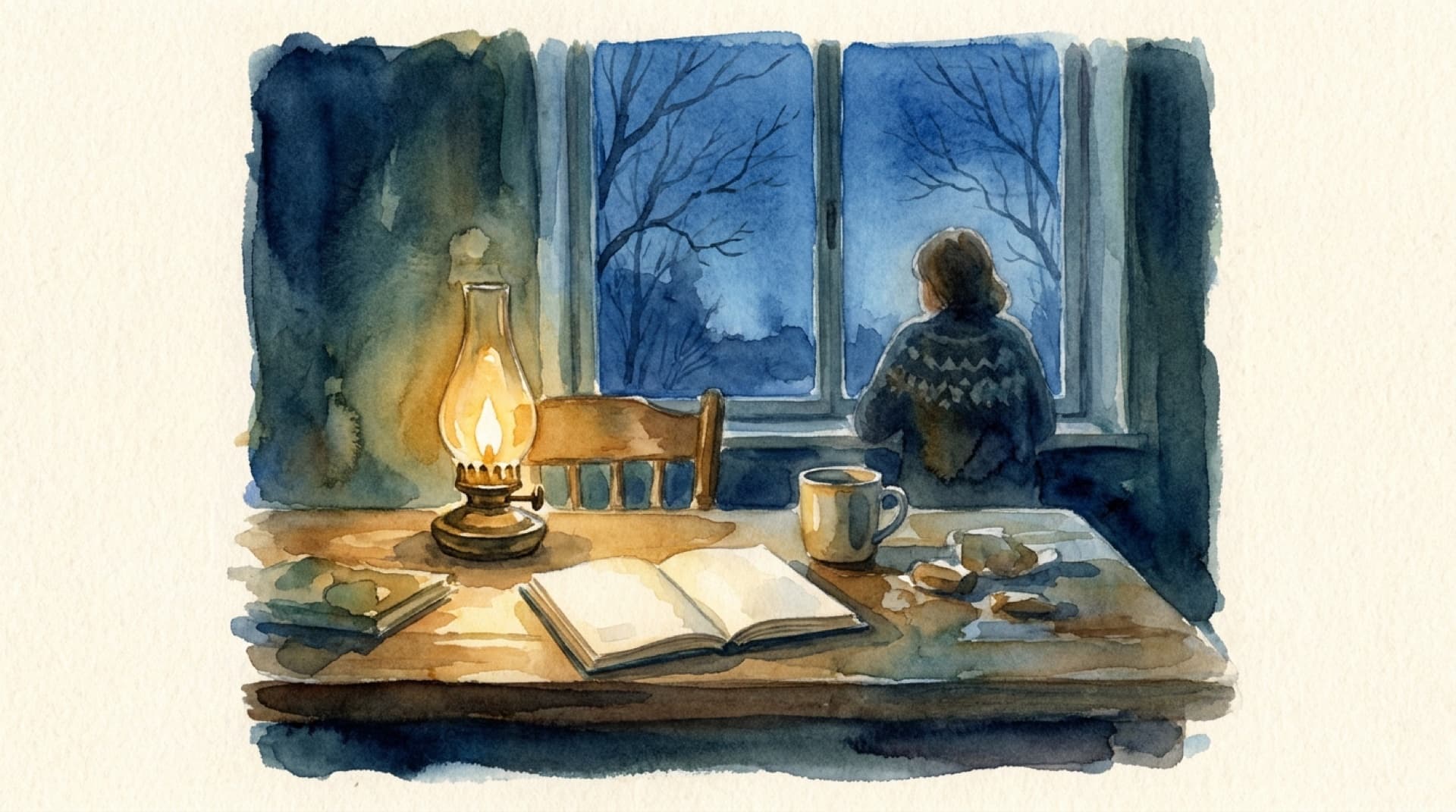 Watercolor of lamplight pooling on an open journal as a winter dusk turns blue