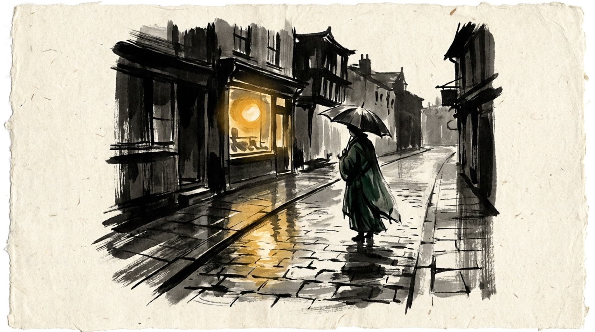 Ink and wash of a rainy street reflecting a gold shop light, a figure with an umbrella paused