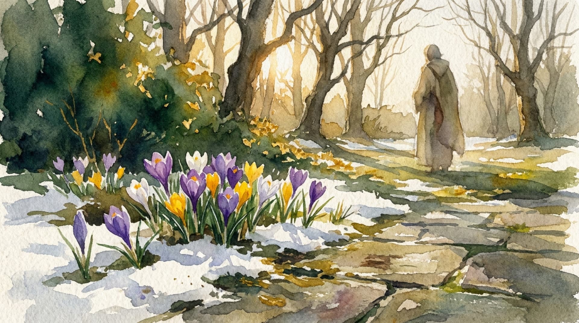 Watercolor of crocuses breaking through late snow beside a garden path