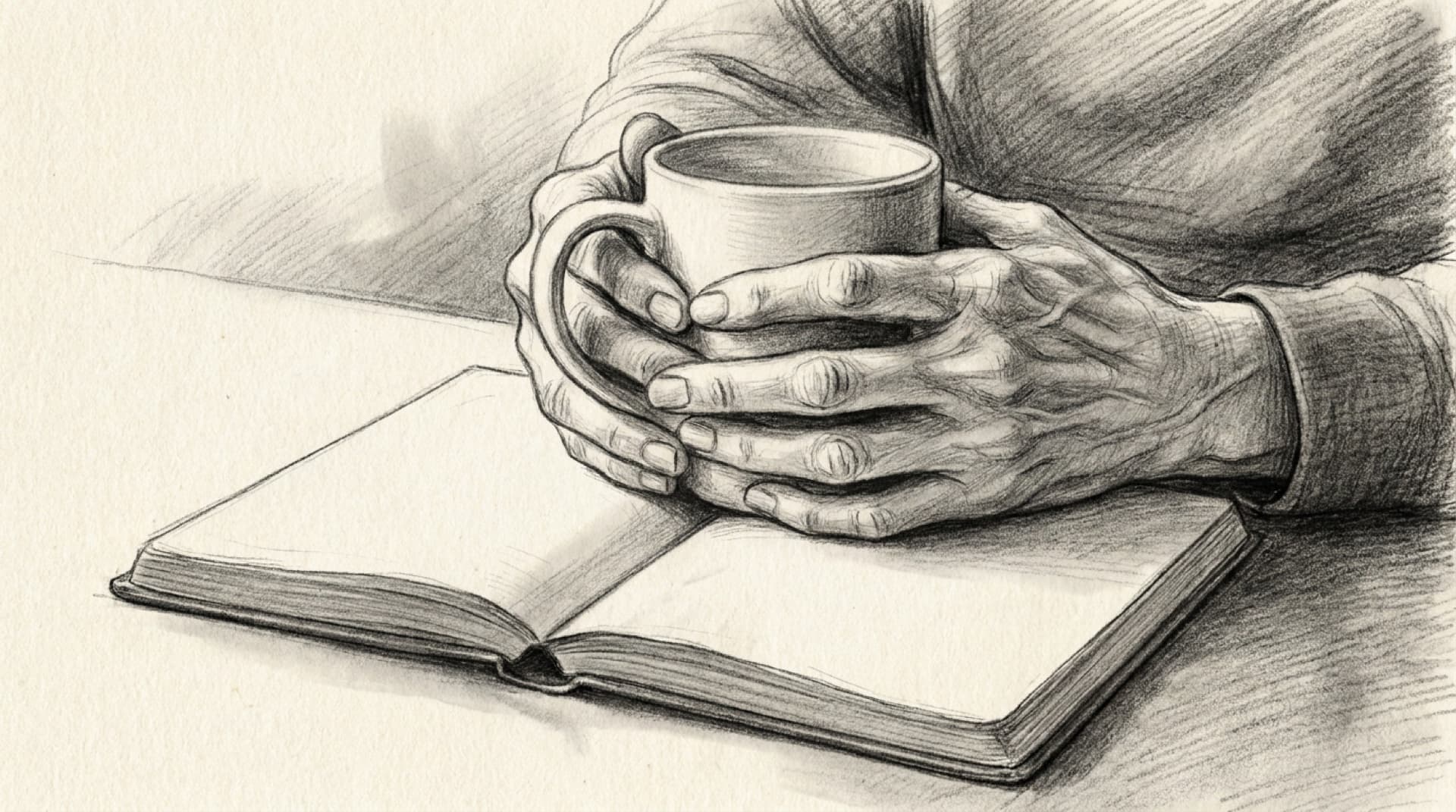 Graphite drawing of hands cradling a warm cup over an open notebook