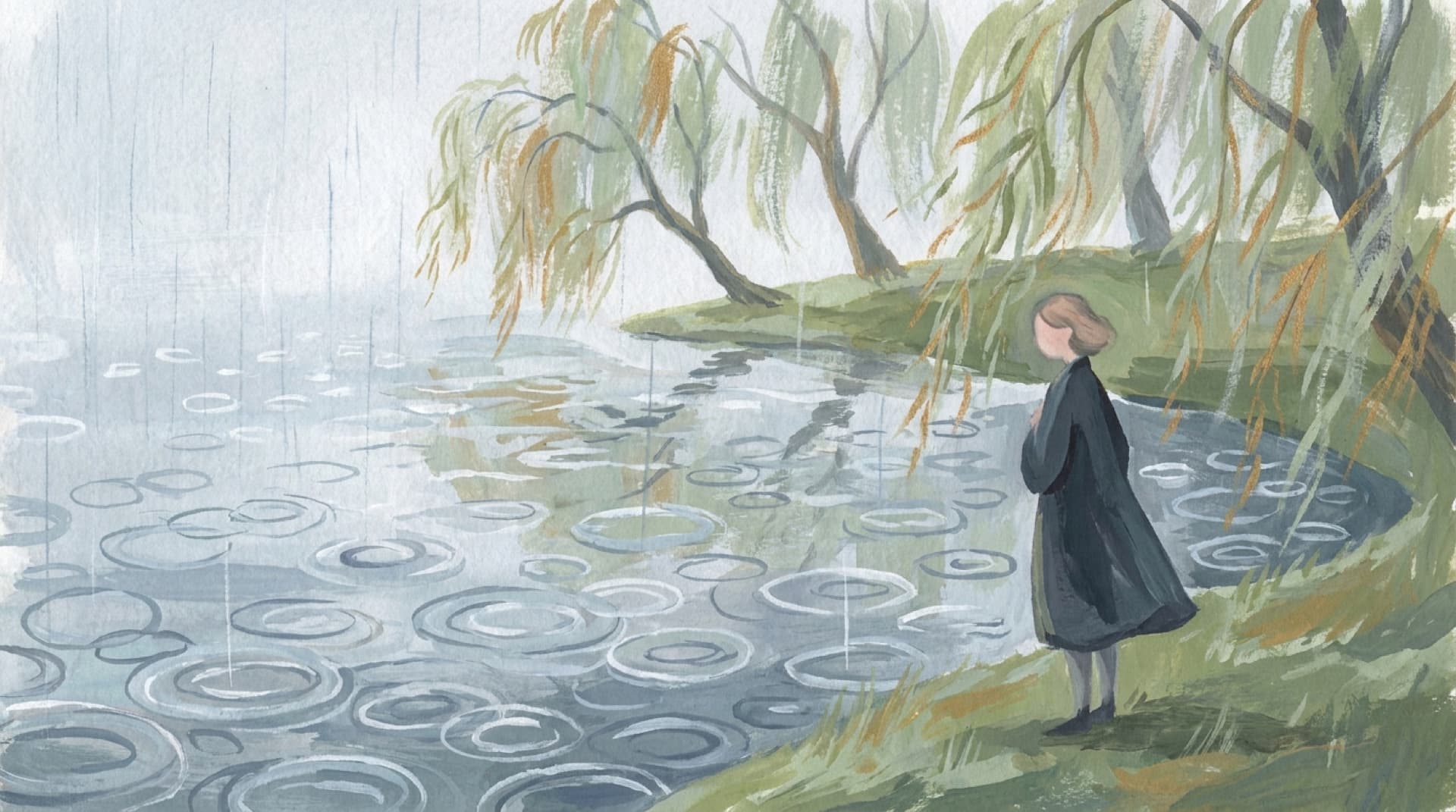Gouache of spring rain on a pond, rings overlapping beneath leaning willows