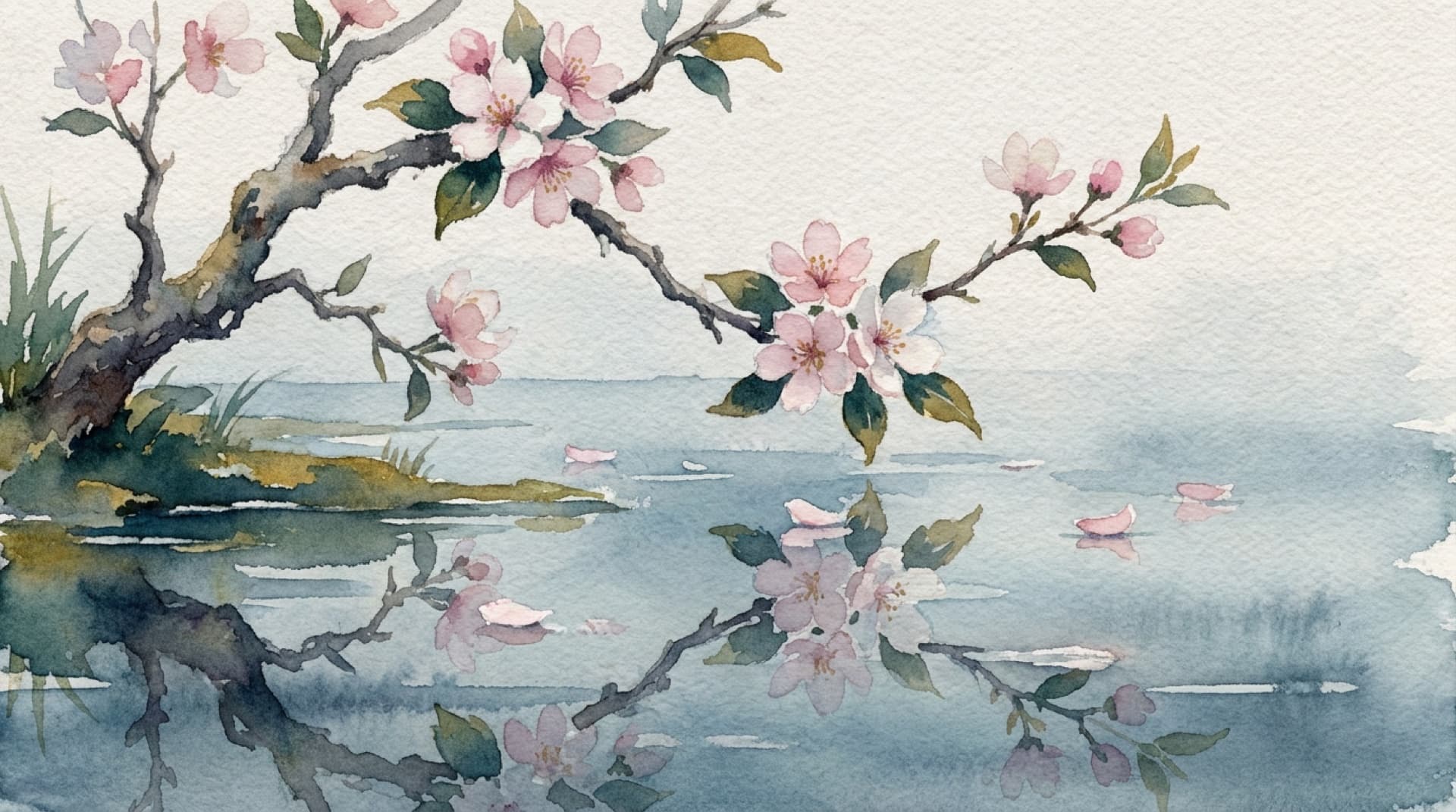 Watercolor of a blossoming branch over calm water, petals resting beside their reflection