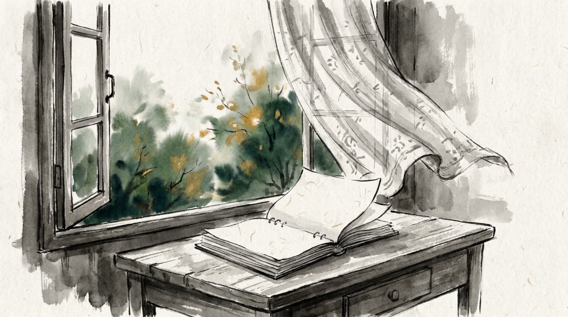Ink and wash of a spring breeze lifting a curtain, notebook pages stirring on the desk