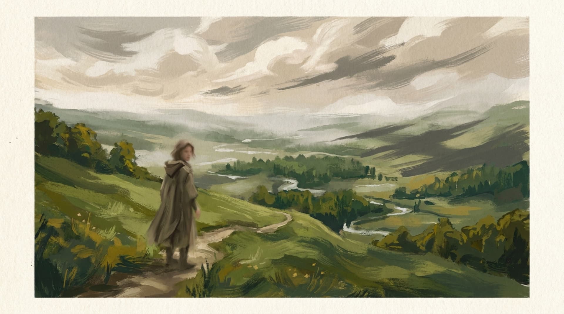 Gouache of a figure on a hillside path looking back across a green valley
