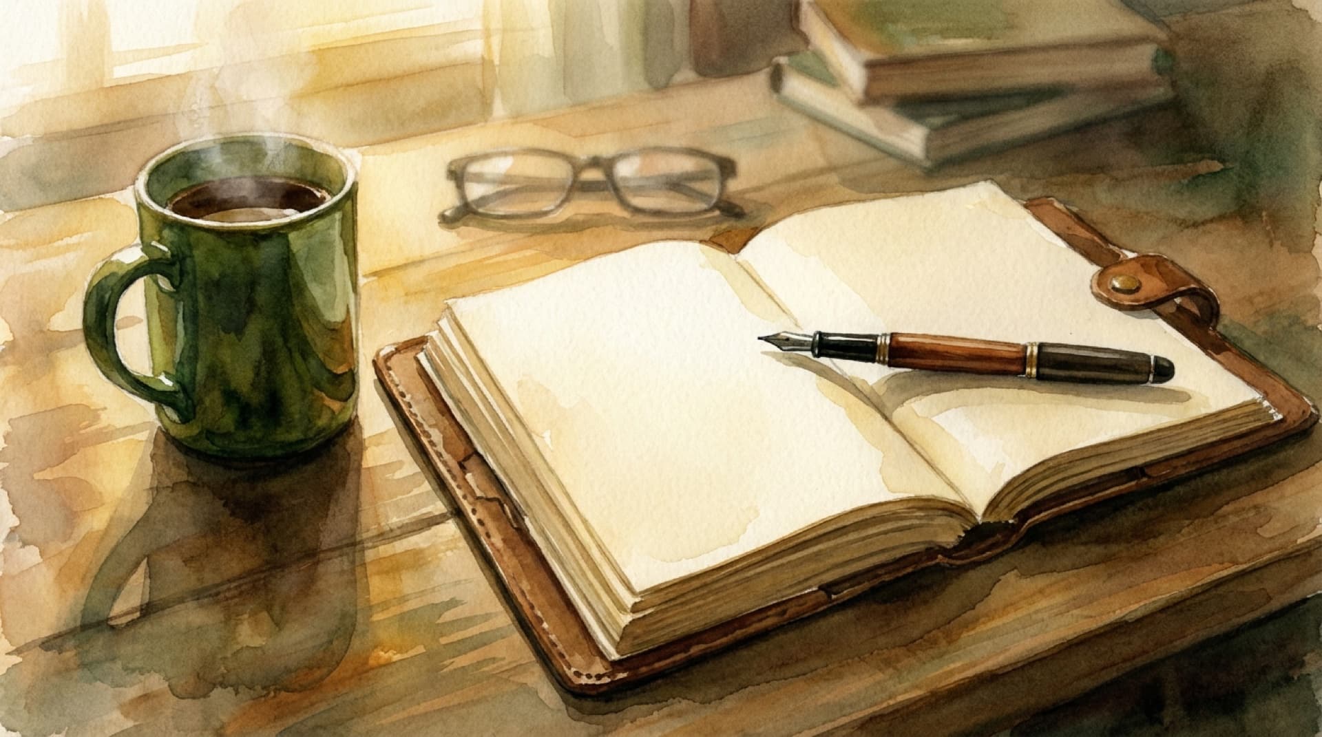 Watercolor of late golden light across a desk, a pen at rest on a well-used journal