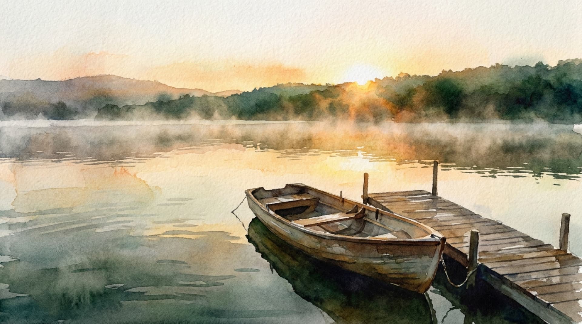 Watercolor of sunrise over a still lake, a tied rowboat, mist lifting in the first gold light