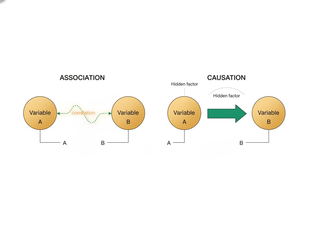 Labeled illustration: association versus causation