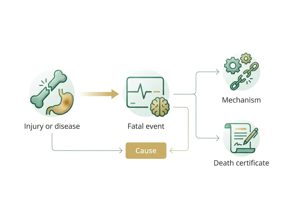 Labeled illustration: cause of death
