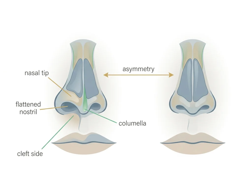 Labeled illustration: cleft nasal deformity