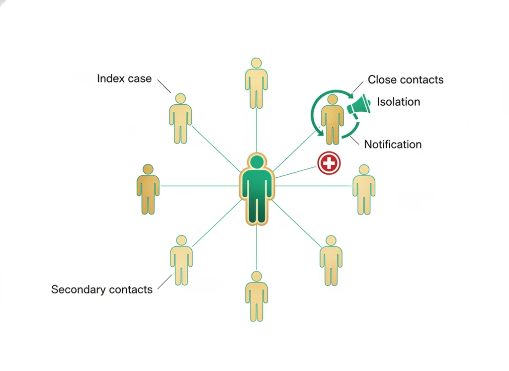 Labeled illustration: contact tracing