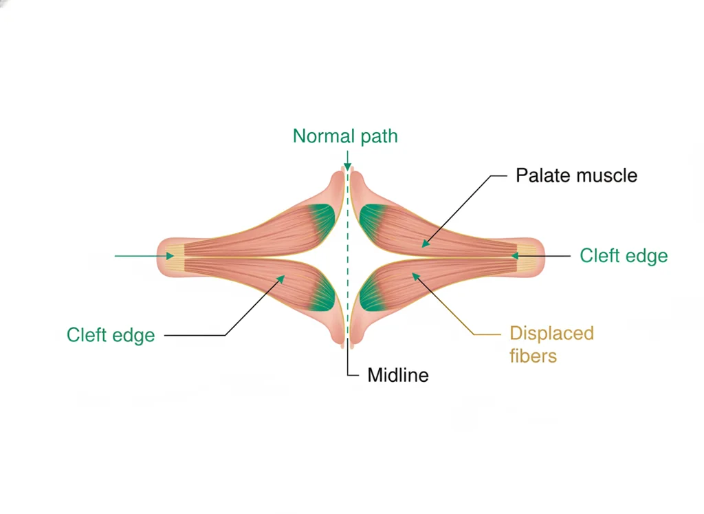 Labeled illustration: displaced muscle