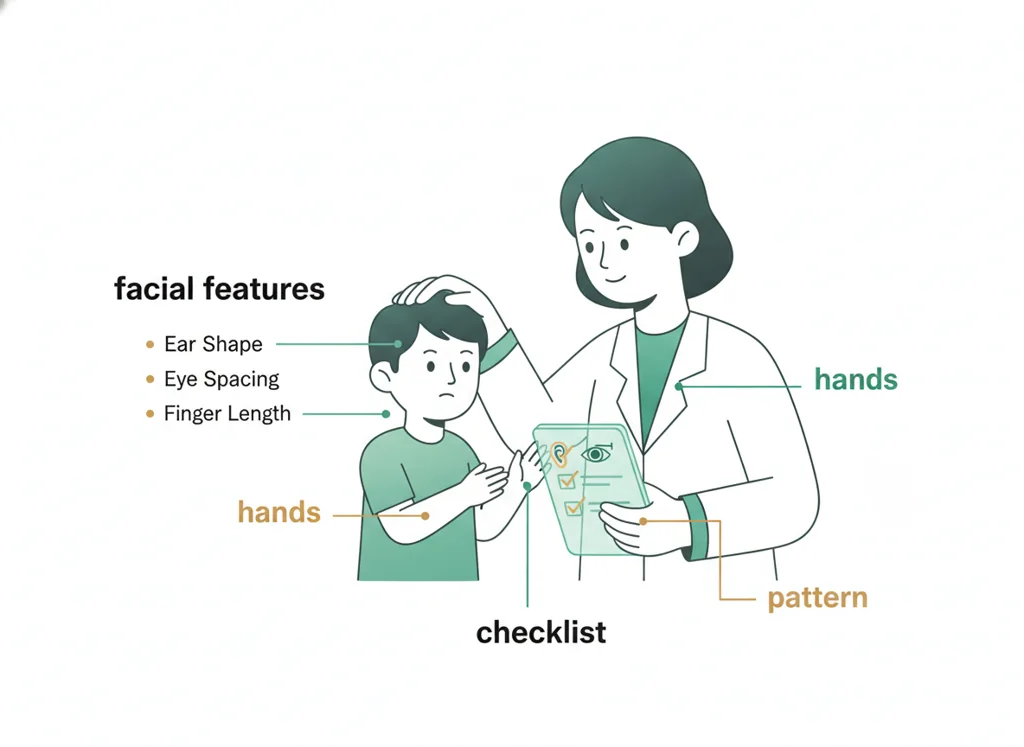 Labeled illustration: dysmorphology exam