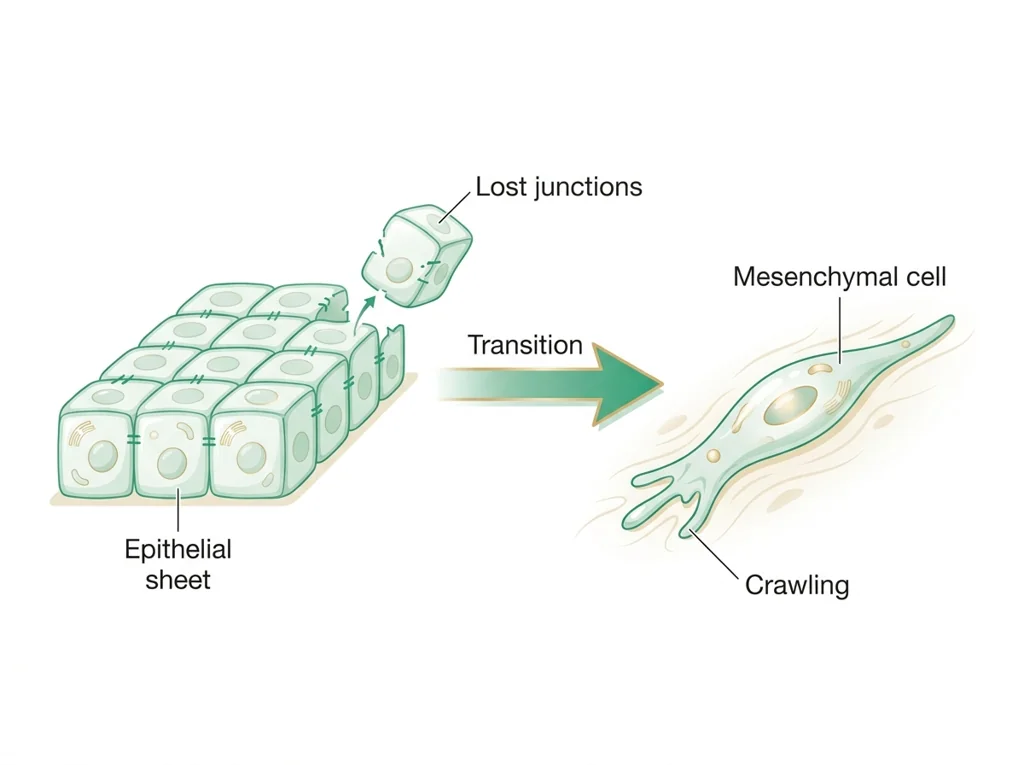 Labeled illustration: epithelial-to-mesenchymal transition (EMT)
