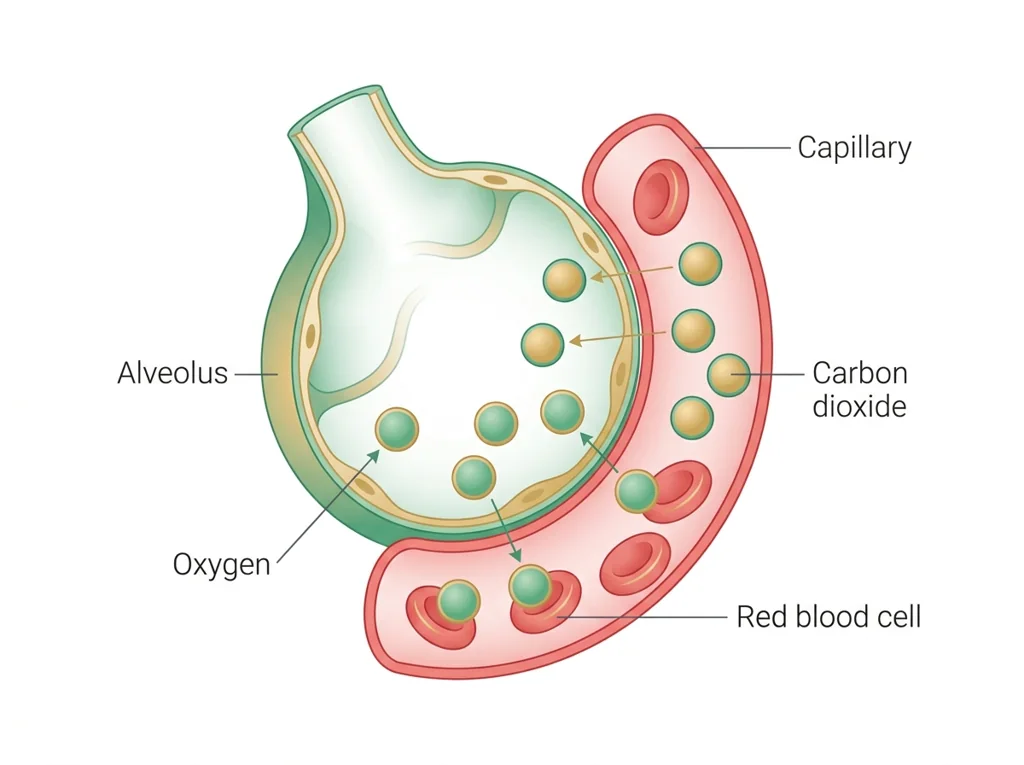 Labeled illustration: gas exchange