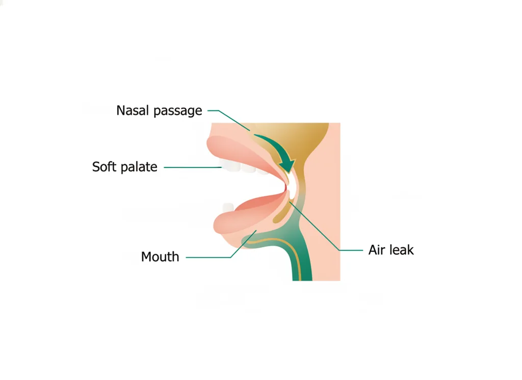 Labeled illustration: hypernasal speech