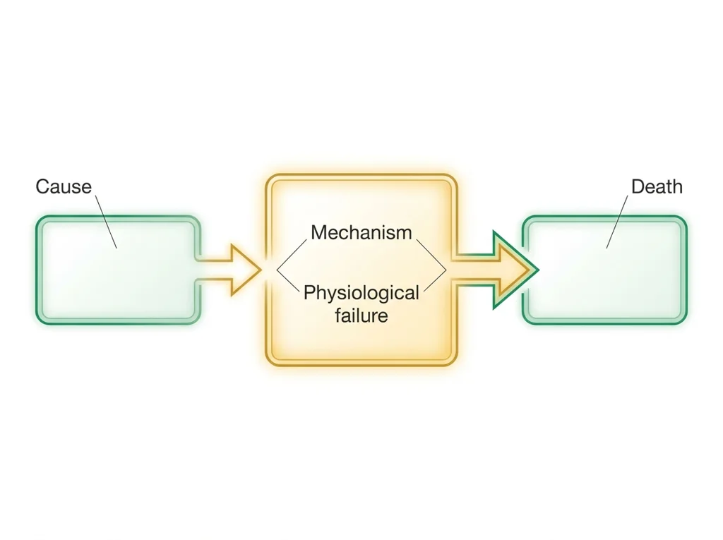 Labeled illustration: mechanism of death