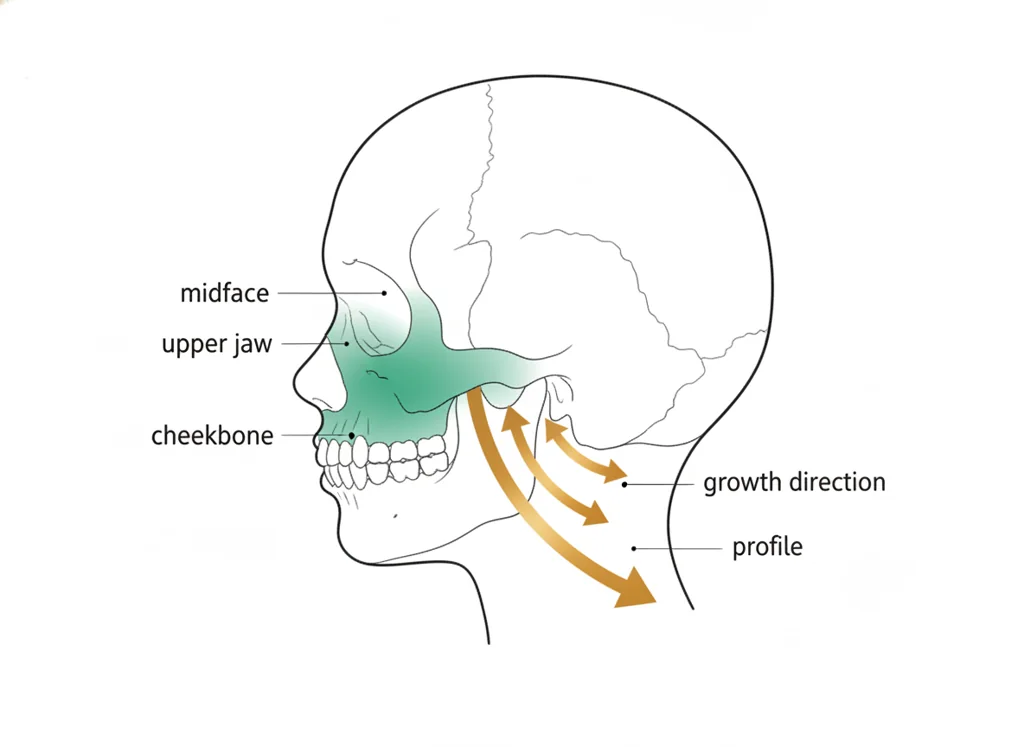 Labeled illustration: midface growth