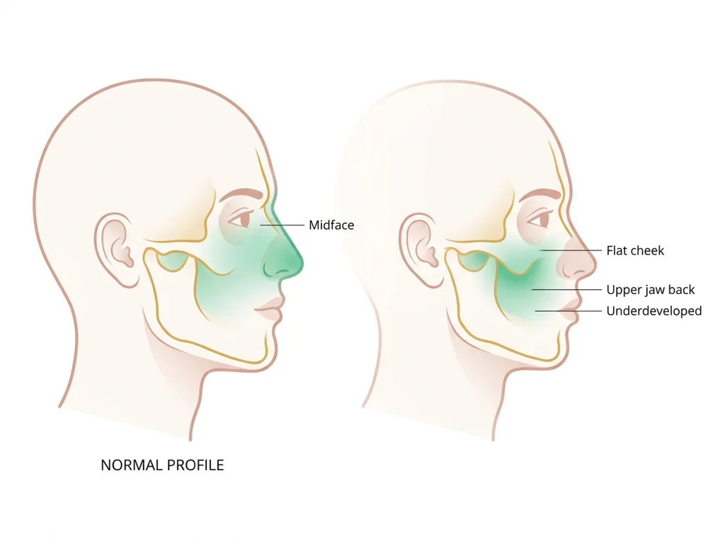 Labeled illustration: midface hypoplasia