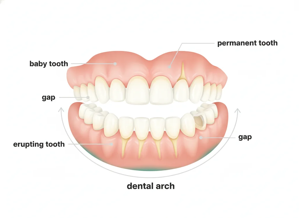 Labeled illustration: mixed dentition