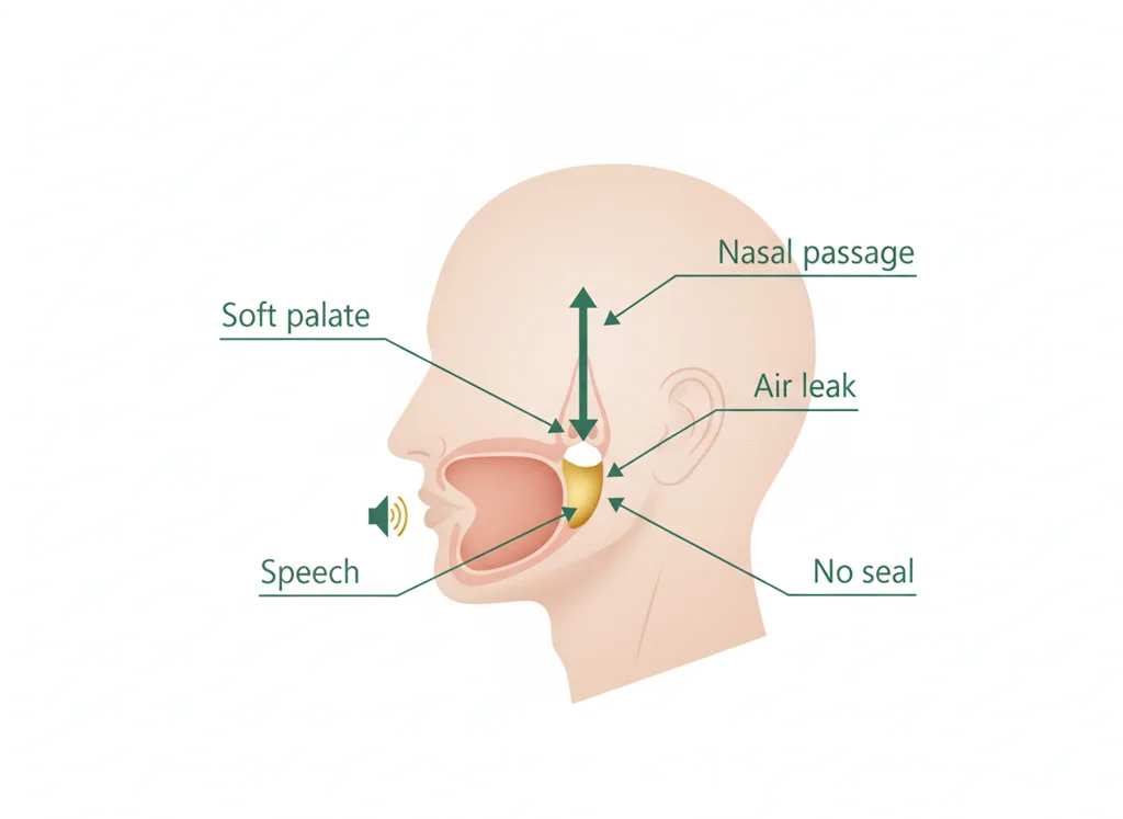 Labeled illustration: nasal air emission