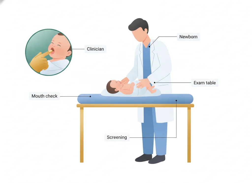 Labeled illustration: newborn exam
