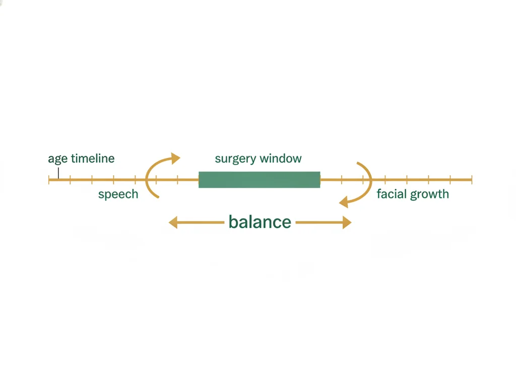 Labeled illustration: palatoplasty timing