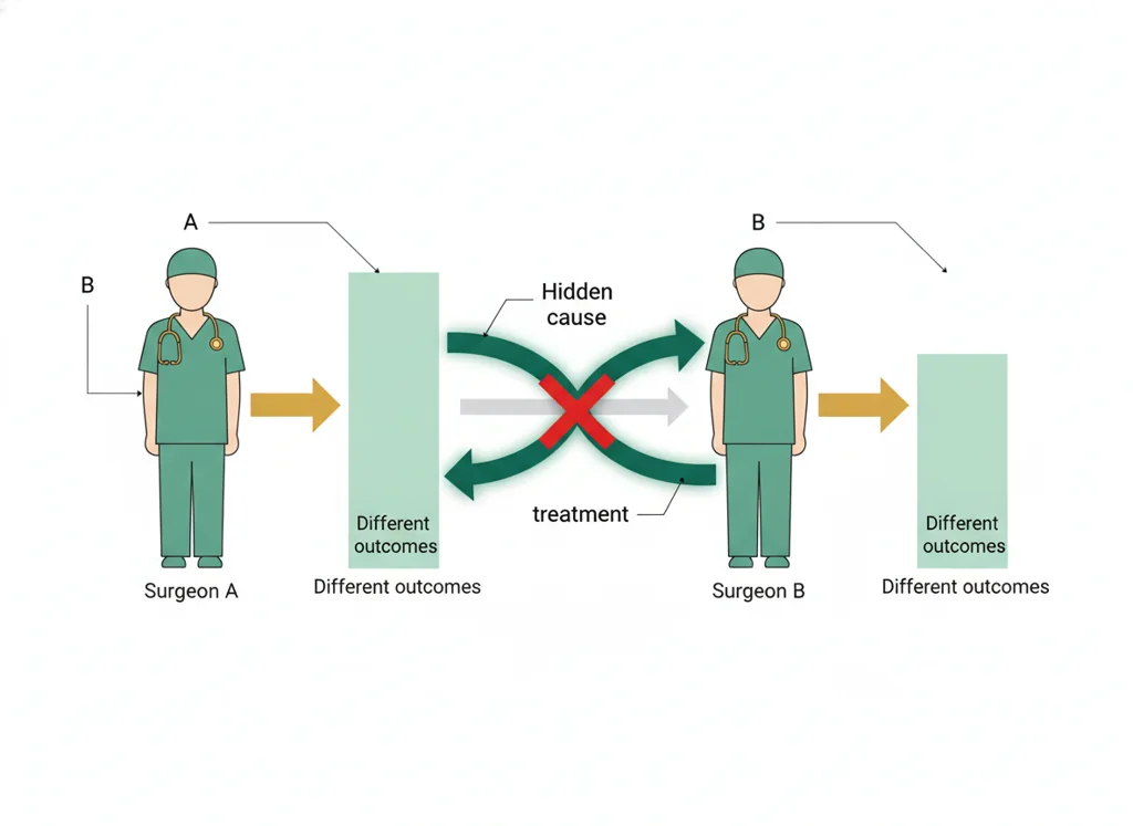 Labeled illustration: surgeon-as-confounder
