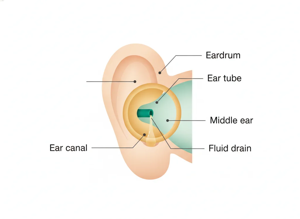 Labeled illustration: tympanostomy tubes