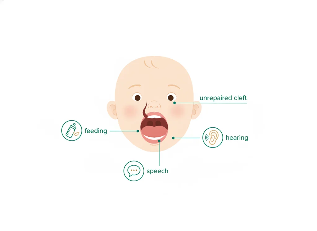 Labeled illustration: untreated cleft