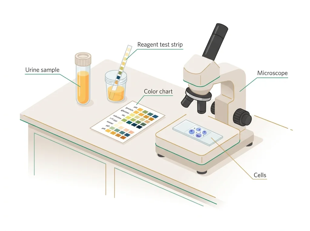 Labeled illustration: urinalysis