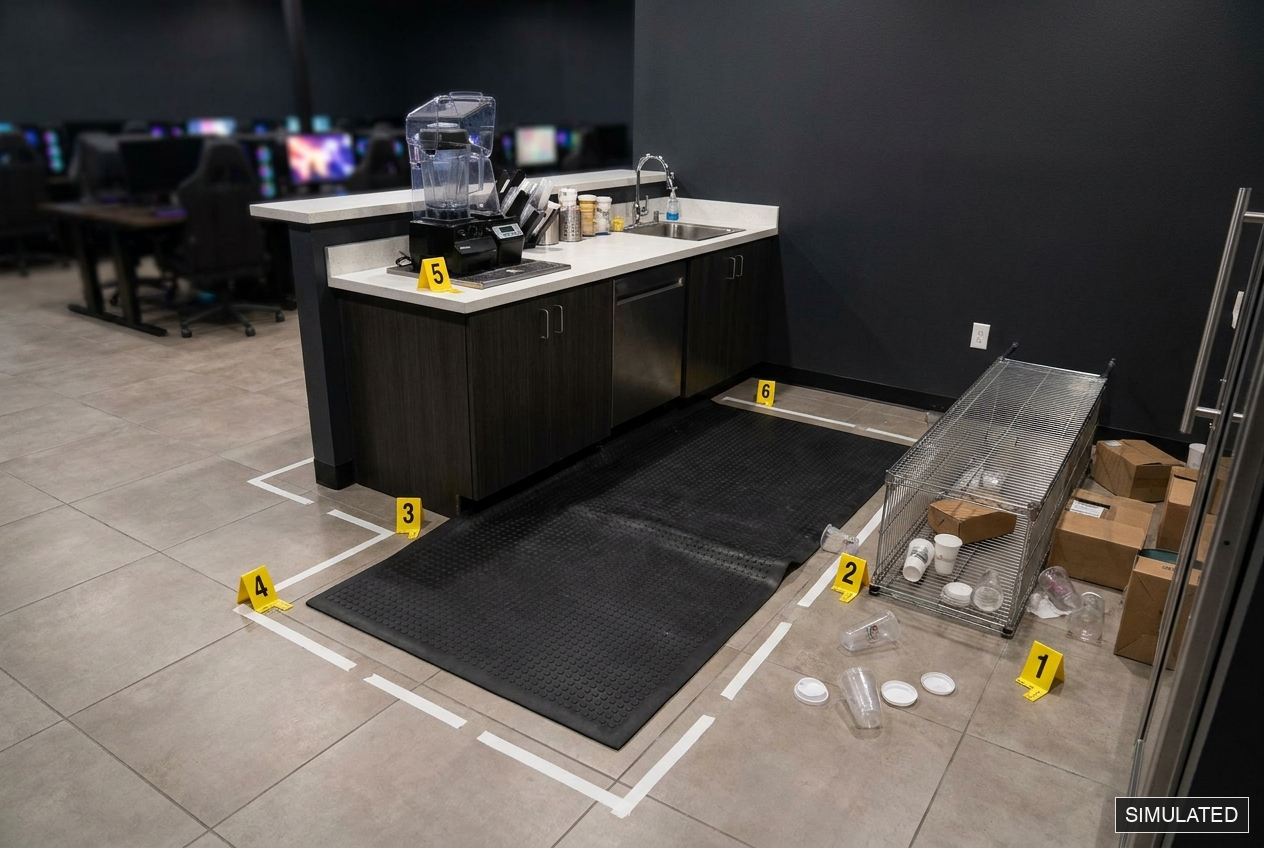 Simulated counter scene with a floor mat, objects and numbered markers.
