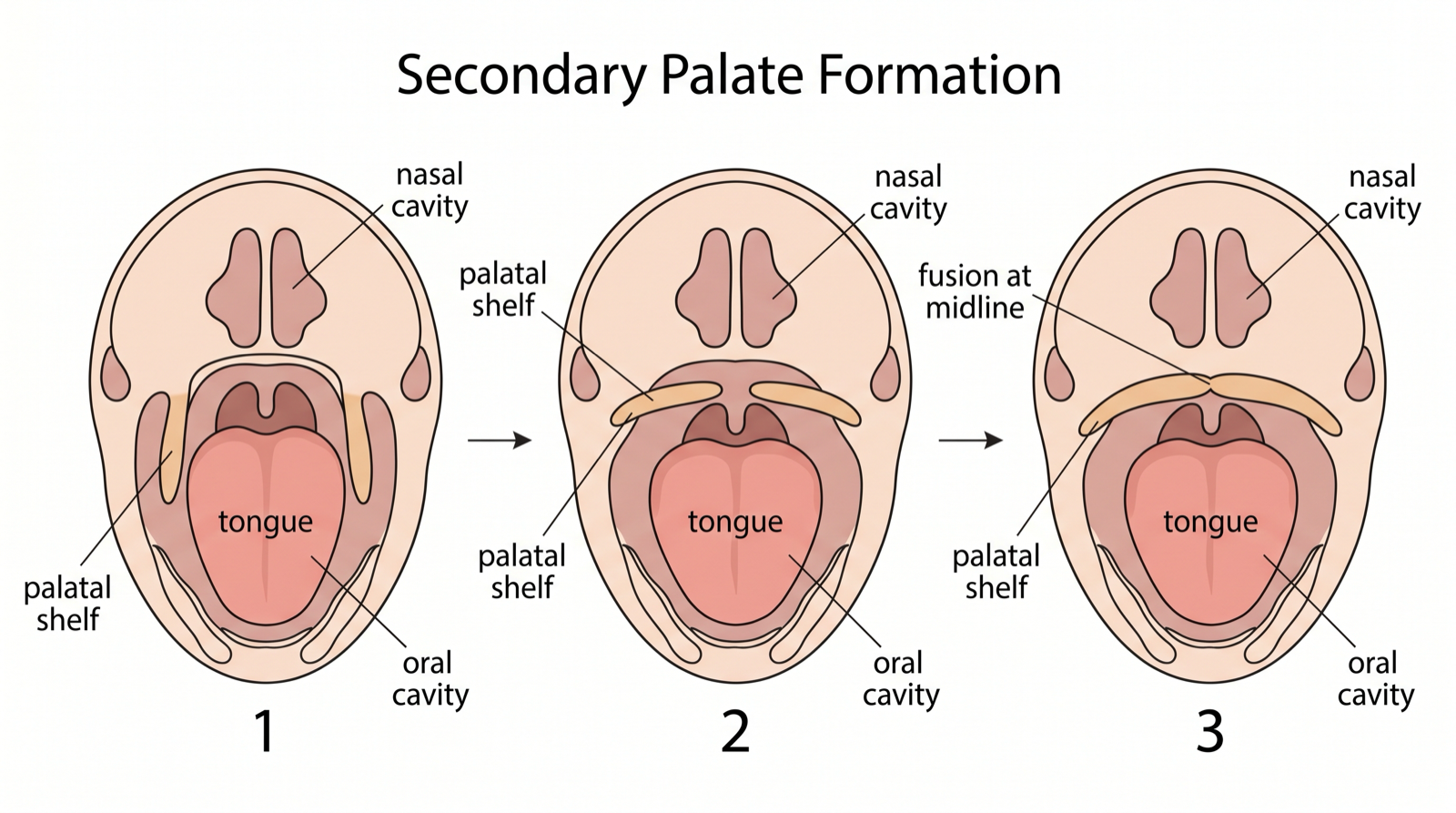 Secondary palate formation: the two palatal shelves first hang vertically beside the tongue, then elevate to horizontal and fuse at the midline as the medial edge epithelium is removed.